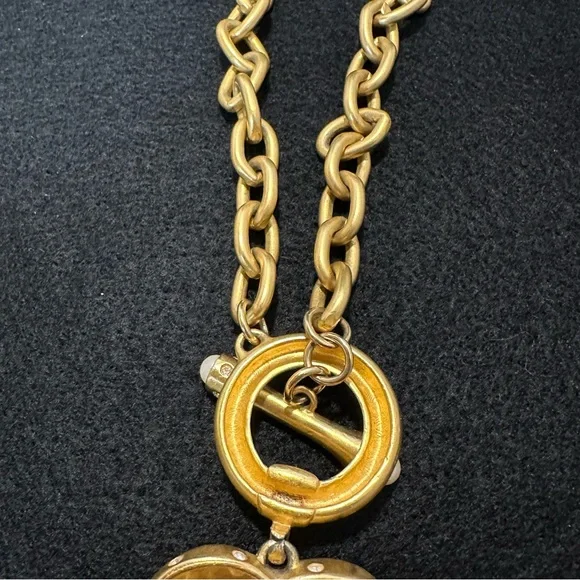 Givenchy Vintage Brushed Gold Puffy Heart Toggle Necklace with Pearl and Crystal - Picture 6 of 12